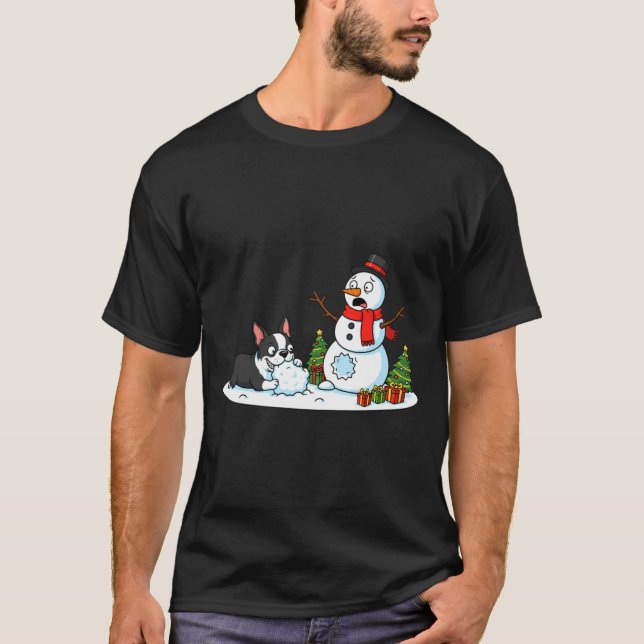 Boston Terrier Snowman Christmas Tree Xmas Womens  T-Shirt (Vorderseite)