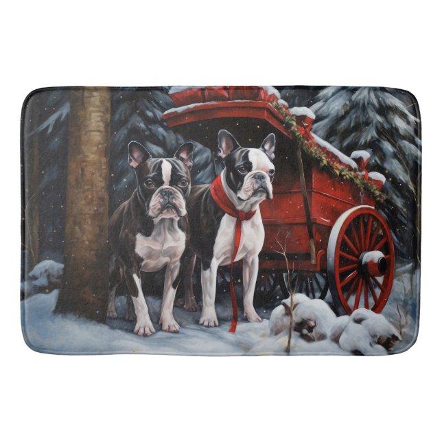 Boston Terrier Snowy Sleigh Weihnachtsdekor Badematte (Vorderseite)