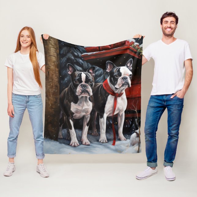 Boston Terrier Snowy Sleigh Weihnachtsdekor Fleecedecke (Beispiel)