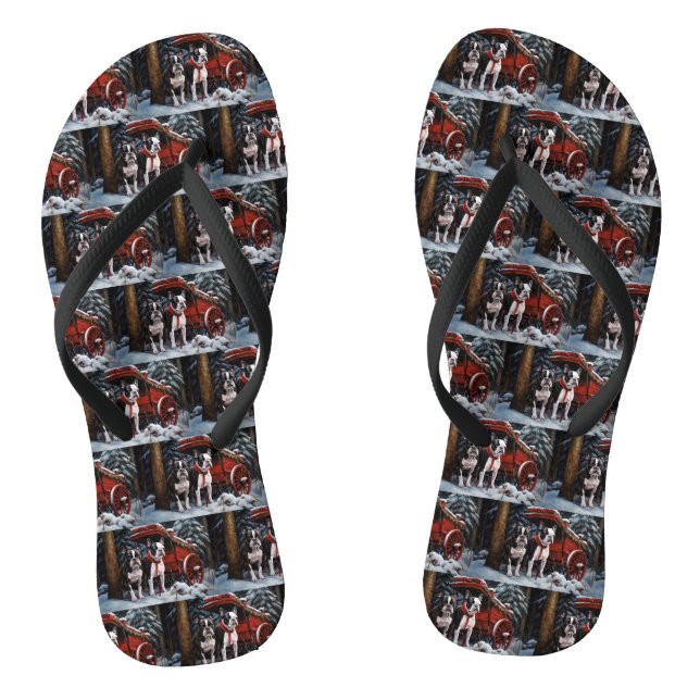 Boston Terrier Snowy Sleigh Weihnachtsdekor Flip Flops (Fußbett)