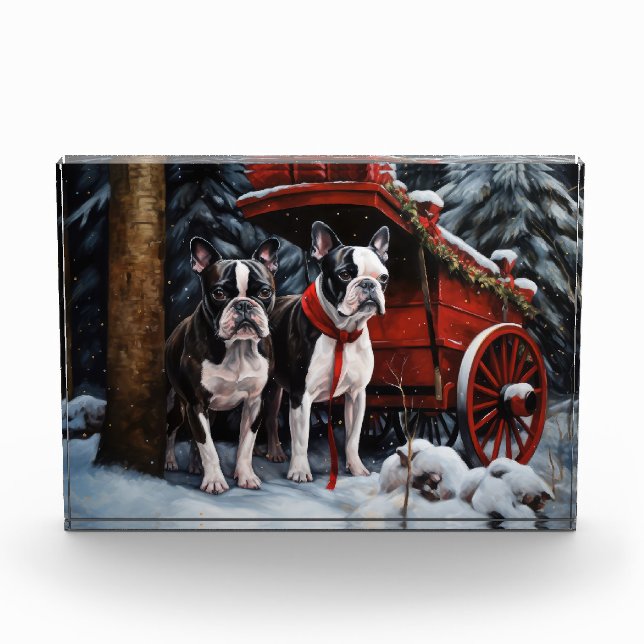 Boston Terrier Snowy Sleigh Weihnachtsdekor Fotoblock (Vorderseite)