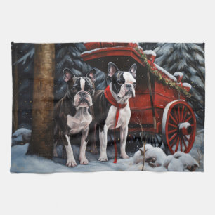 Boston Terrier Snowy Sleigh Weihnachtsdekor Geschirrtuch