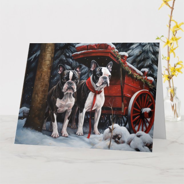 Boston Terrier Snowy Sleigh Weihnachtsdekor Karte (Gelbe Blume)
