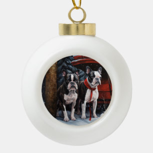 Boston Terrier Snowy Sleigh Weihnachtsdekor Keramik Kugel-Ornament
