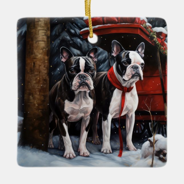 Boston Terrier Snowy Sleigh Weihnachtsdekor Keramikornament (Vorderseite)