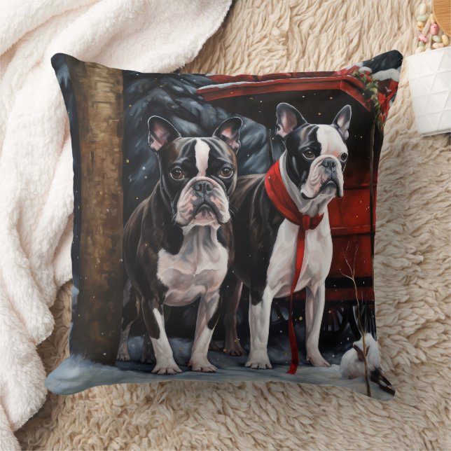 Boston Terrier Snowy Sleigh Weihnachtsdekor Kissen (Decke)
