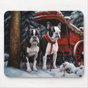 Boston Terrier Snowy Sleigh Weihnachtsdekor Mousepad