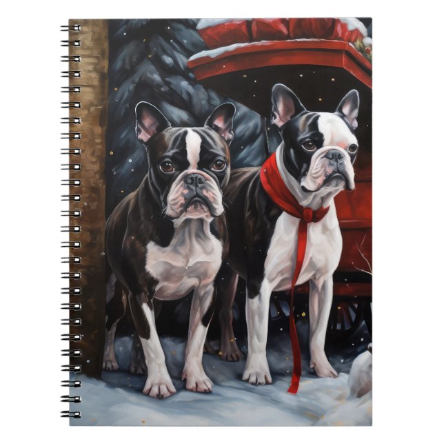 Boston Terrier Snowy Sleigh Weihnachtsdekor Notizblock (Vorderseite)