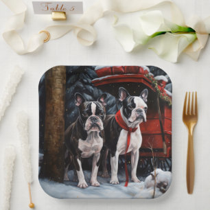 Boston Terrier Snowy Sleigh Weihnachtsdekor Pappteller
