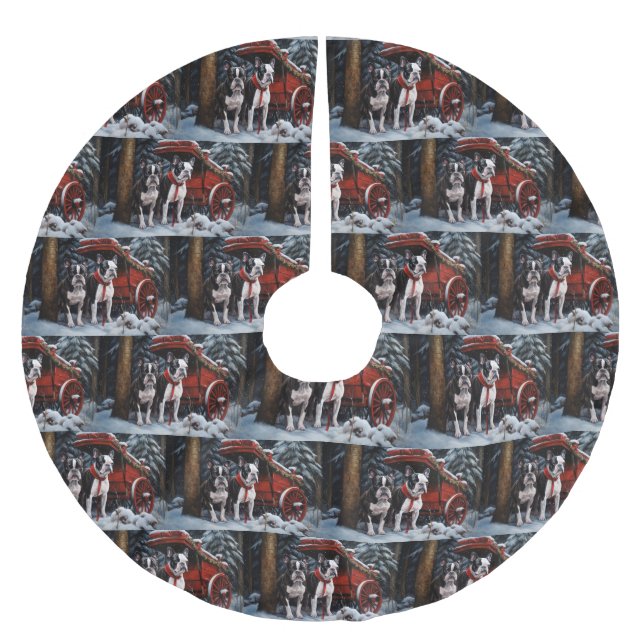Boston Terrier Snowy Sleigh Weihnachtsdekor Polyester Weihnachtsbaumdecke (Vorderseite)