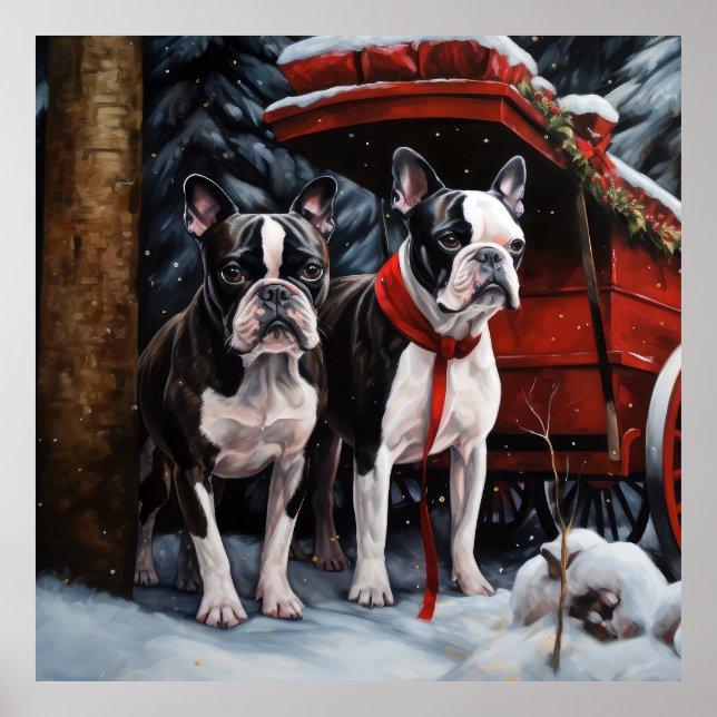Boston Terrier Snowy Sleigh Weihnachtsdekor Poster (Vorne)