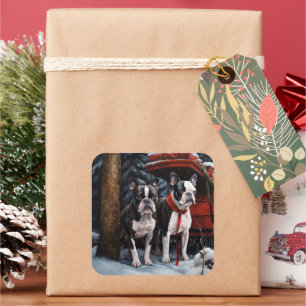 Boston Terrier Snowy Sleigh Weihnachtsdekor Quadratischer Aufkleber