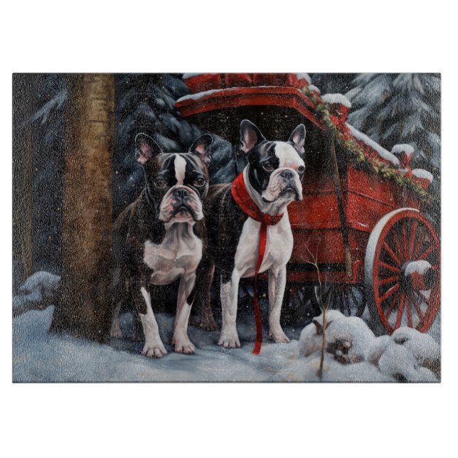Boston Terrier Snowy Sleigh Weihnachtsdekor Schneidebrett (Vorderseite)
