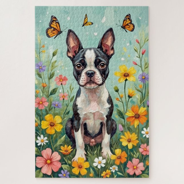 Boston Terrier Spring Botanical Garden Dog Puzzle (Vertikal)