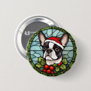 Boston Terrier Stected Glass Christmas Button