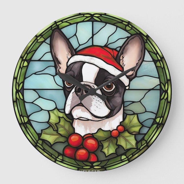Boston Terrier Stected Glass Christmas Große Wanduhr (Vorderseite)