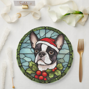 Boston Terrier Stected Glass Christmas Pappteller