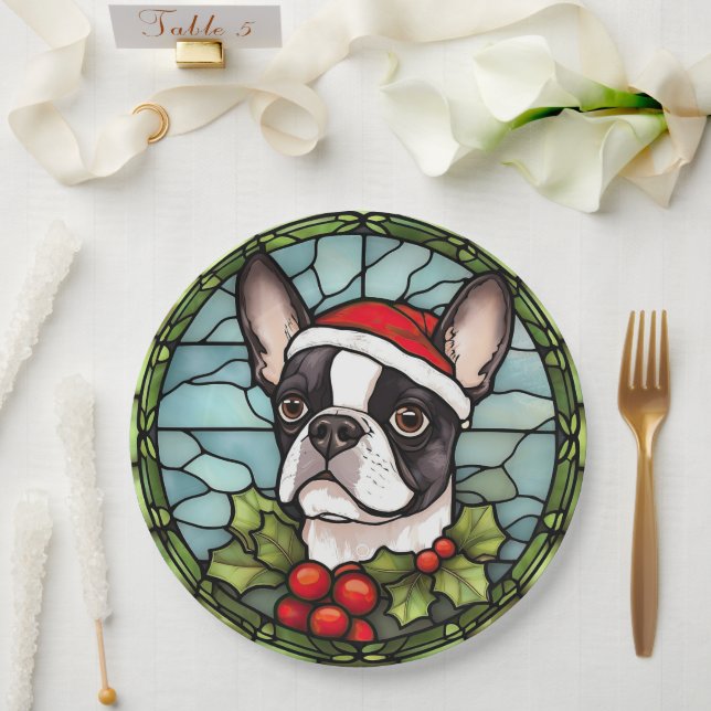 Boston Terrier Stected Glass Christmas Pappteller (Hochzeit)