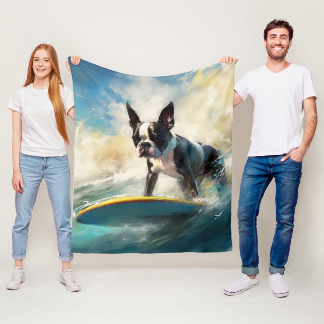 Boston Terrier Strand Surfen Malerei Fleecedecke (Beispiel)