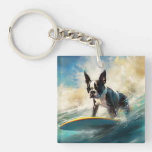 Boston Terrier Strand Surfen Malerei Schlüsselanhänger