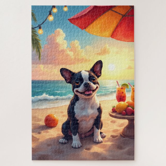 Boston Terrier Strandparty-Szene Puzzle (Vertikal)