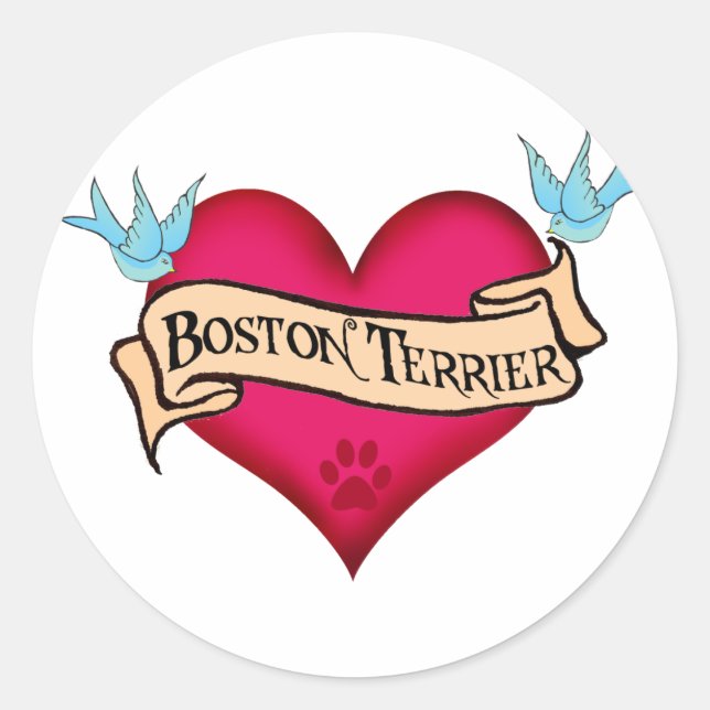 Boston Terrier Tattoo Heart Runder Aufkleber (Vorderseite)