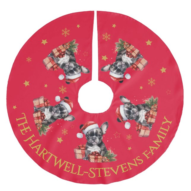 Boston Terrier trägt einen Weihnachtshut Polyester Weihnachtsbaumdecke (Vorderseite)