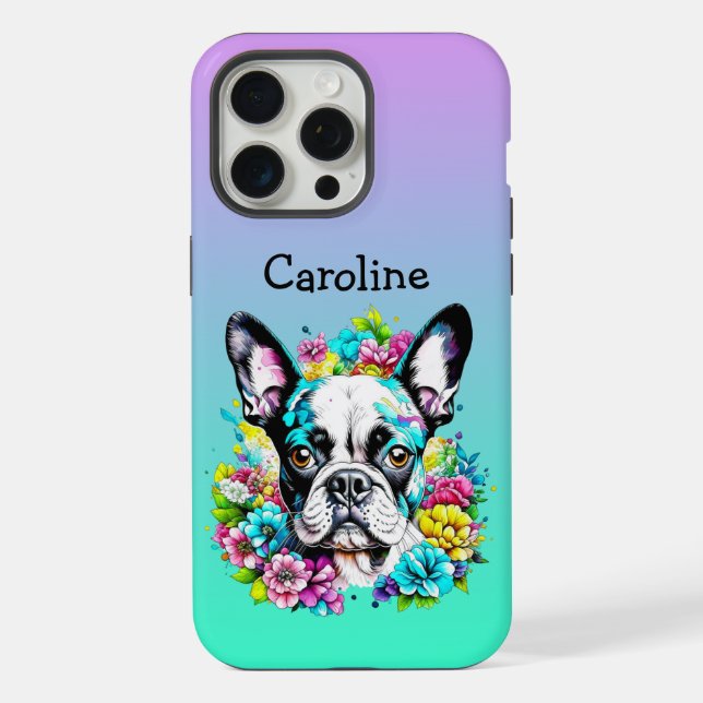 Boston Terrier umgeben von Personalisierten Blume iPhone Hülle (Rückseite)
