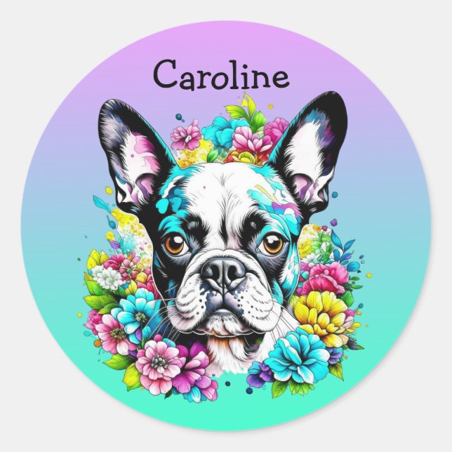Boston Terrier umgeben von Personalisierten Blume Runder Aufkleber (Vorderseite)