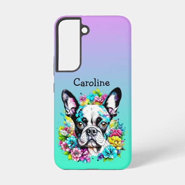 Boston Terrier umgeben von Personalisierten Blume Samsung Galaxy Hülle (Rückseite)