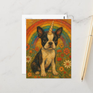 Boston Terrier Unicorn Puppy und ein Regenbogen Postkarte