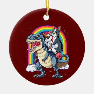 Boston Terrier Unicorn Riding Dinosaur Keramik Ornament