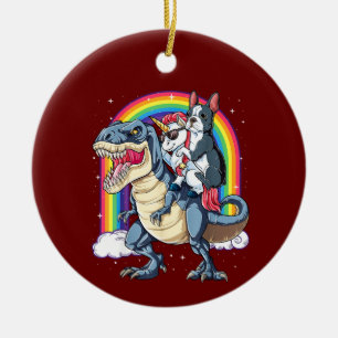 Boston Terrier Unicorn Riding Dinosaurier Keramik Ornament