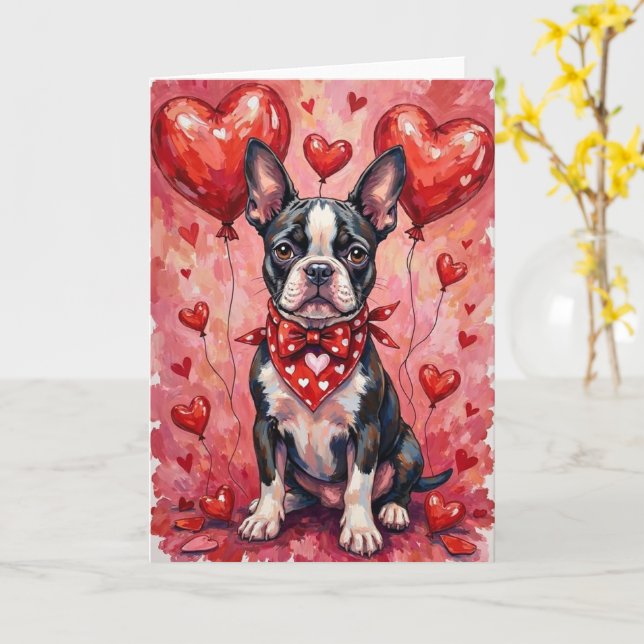 Boston Terrier Valentine’s Day Dog with Hearts Red Karte (Gelbe Blume)
