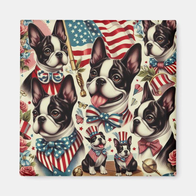 Boston Terrier Vintag Seamless Illustration Magnet (Vorne)