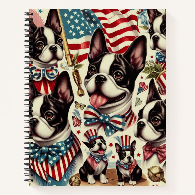 Boston Terrier Vintag Seamless Illustration Notizbuch (Vorderseite)
