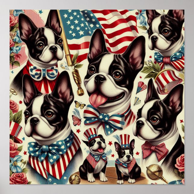 Boston Terrier Vintag Seamless Illustration Poster (Vorne)