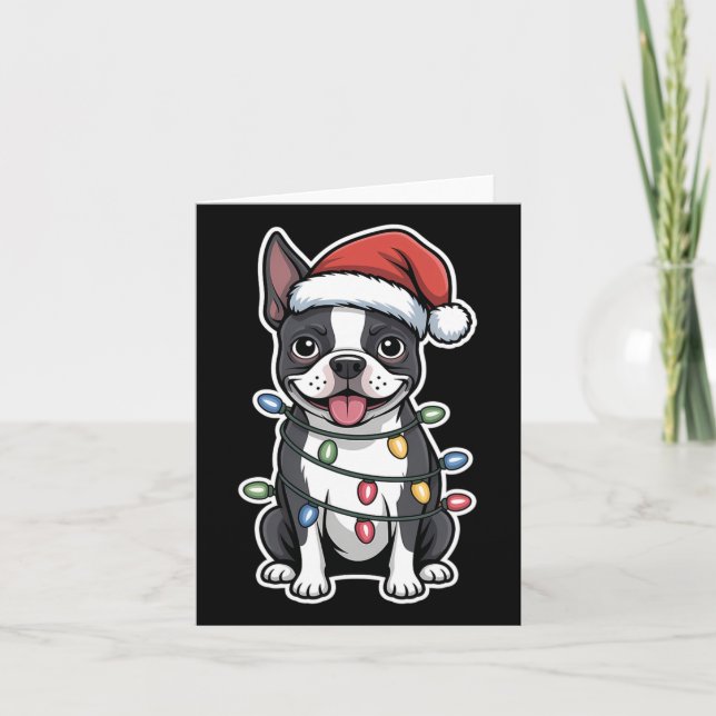 Boston Terrier wackelte in Weihnachtsbeleuchtung Karte (Vorderseite)