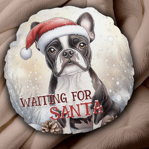 Boston Terrier Warte für Santa Dog Wassercolor Rundes Kissen
