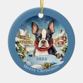 Boston Terrier Watercolor Dog Weihnachten Keramik Ornament