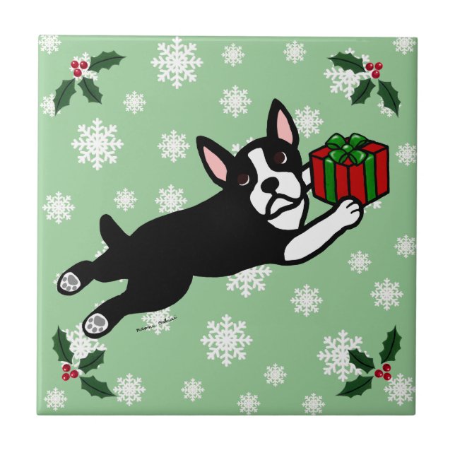 Boston-Terrier-Weihnachten 2 Cartoon-Schneeflocken Fliese (Vorderseite)