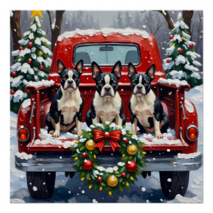 Boston Terrier Weihnachten Rotes Lastwagen Ferien Poster