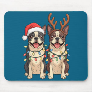 Boston Terrier Weihnachten Santa Hut Rentier Licht Mousepad