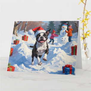 Boston Terrier Weihnachtliche Schneelandschaft Karte
