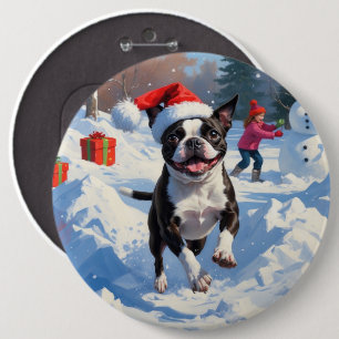 Boston Terrier Weihnachtliches Schneeszenario Button