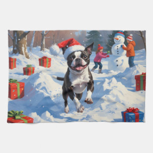 Boston Terrier Weihnachtliches Schneeszenario Geschirrtuch