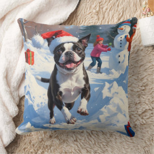 Boston Terrier Weihnachtliches Schneeszenario Kissen
