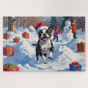 Boston Terrier Weihnachtliches Schneeszenario Puzzle