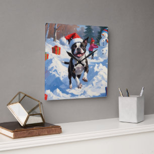 Boston Terrier Weihnachtliches Schneeszenario Quadratische Wanduhr