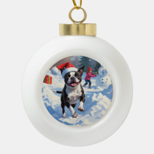 Boston Terrier Weihnachtliches Schneeszene Keramik Kugel-Ornament
